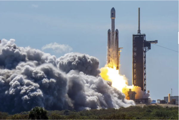 SpaceX Falcon Heavy rocket carrying NASA’s Europa Clipper launches from Kennedy Space Center.